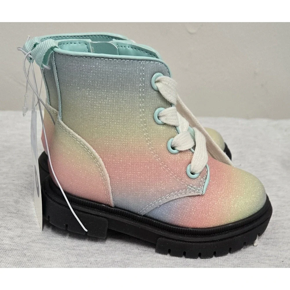 Cat & Jack Toddler Girls Rainbow Ombre Glitter Combat Boots Size 6 Pastel Zip Up